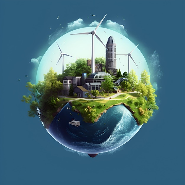 Um globo com uma cidade e um moinho de vento