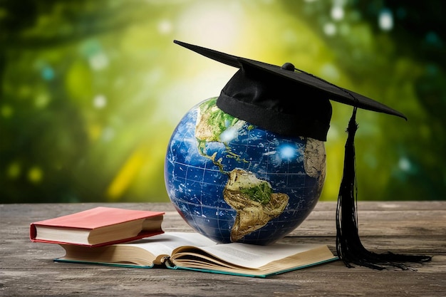 um globo com uma tampa de graduação em cima dele senta-se em uma mesa com um livro intitulado Terra