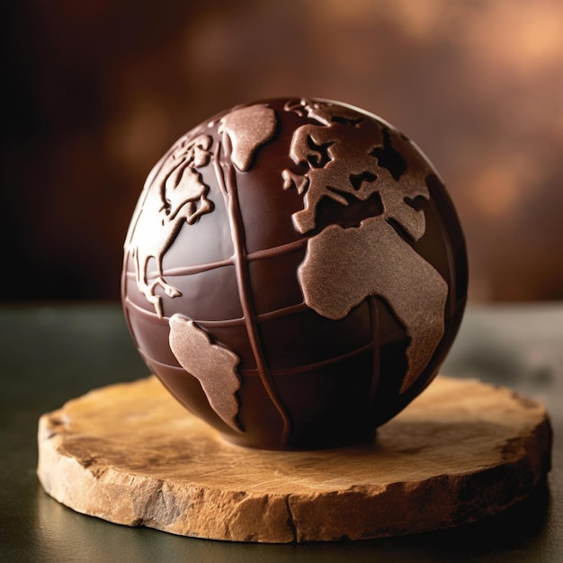 Um globo de chocolate em um pedaço de madeira com o mapa do mundo nele dia mundial do chocolate