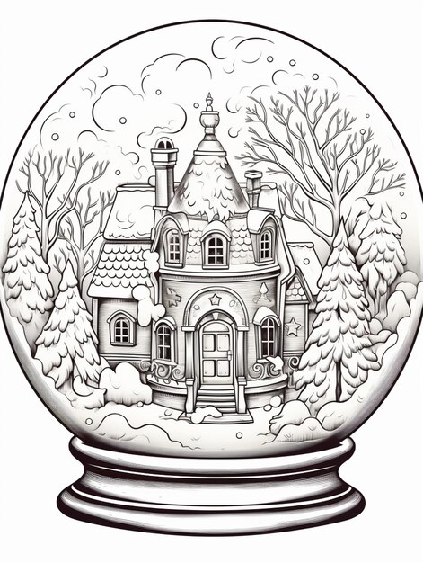 Foto um globo de neve com uma casa dentro dele e árvores no fundo