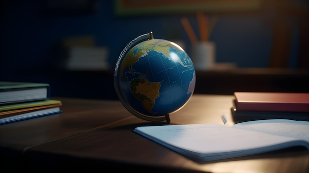 Um globo em uma mesa com um livro na sala de aula