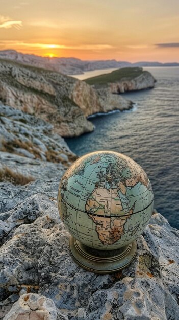 Foto um globo está sentado em uma rocha perto do oceano