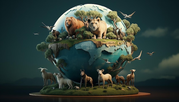 Foto um globo mostra um grupo de animais equilibrando a terra