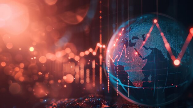 um globo mundial atrás de linhas de gráfico brilhantes