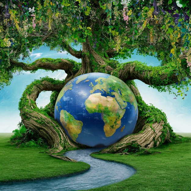 Foto um globo mundial é cercado por árvores e grama
