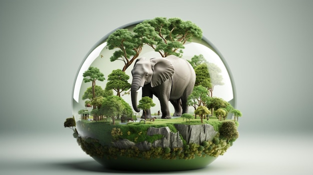 um globo terrestre e dentro do globo um elefante e grama sob a perna do elefante