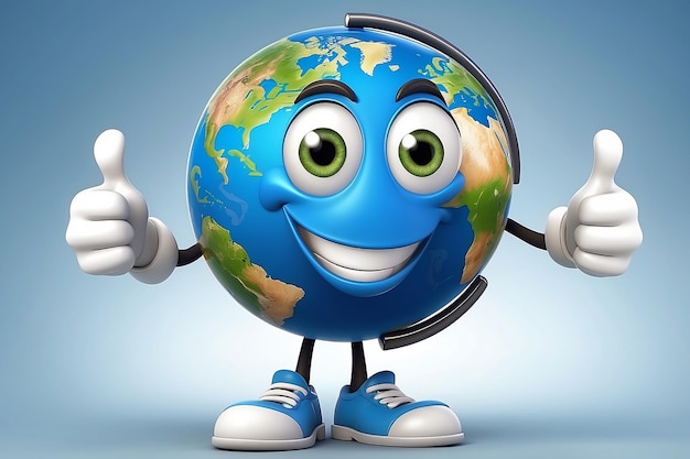 Foto um globo terrestre mundo personagem de desenho animado mascote dando um polegar para cima