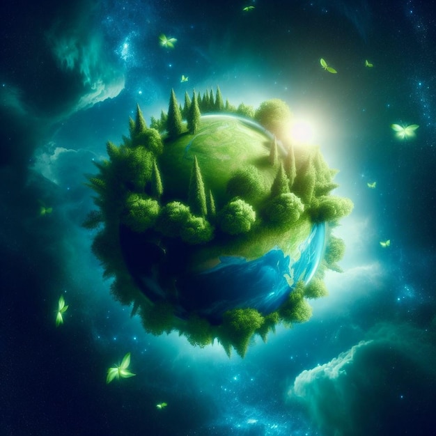 Um globo terrestre verde e exuberante flutuando como uma ilha.