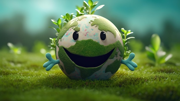 Um globo verde com um rosto sorridente e uma folha verde nele.