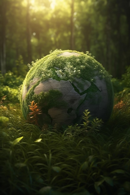 Um globo verde na floresta com o sol brilhando sobre ele.