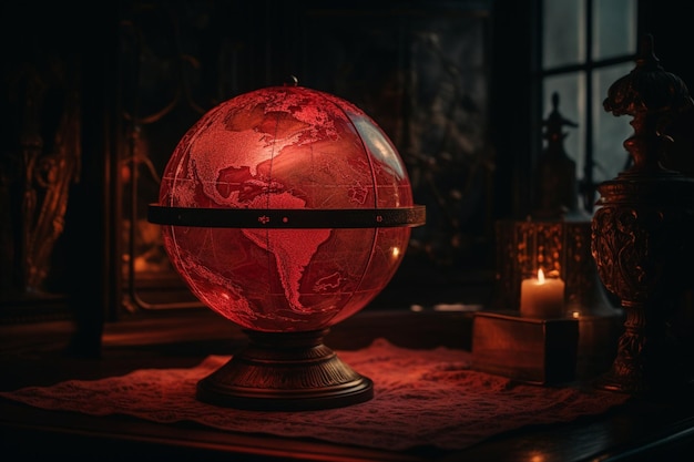 Um globo vermelho está sobre uma mesa em frente a uma vela acesa com uma vela ao fundo.