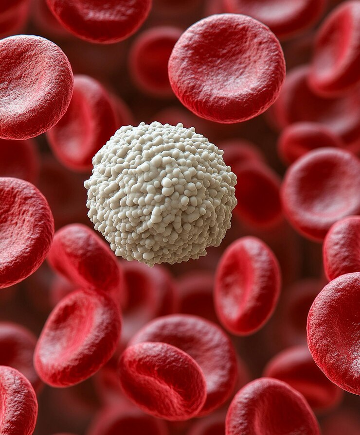 Foto um glóbulo branco com uma superfície granular cercado por muitos glóbulos vermelhos lisos