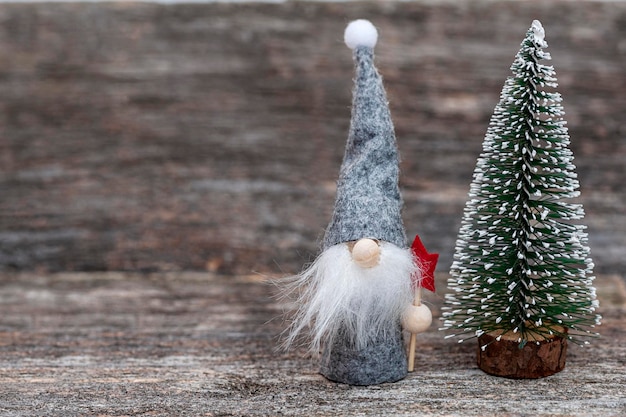 Um gnomo com um boné cinza e uma estrela de Natal na mão está parado com uma árvore de Natal