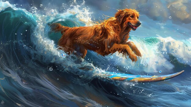 Foto um golden retriever cavalga as ondas numa prancha de surf