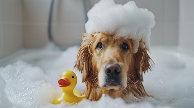 Foto um golden retriever com um chapéu de banho de espuma sentado em uma banheira acompanhado por um pato de borracha amarelo