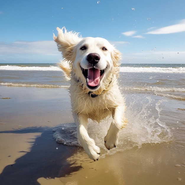 Um golden retriever correndo na praia com o mar ao fundo