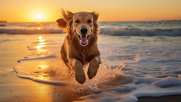 Um golden retriever desfrutando de um dia na praia ao pôr do sol