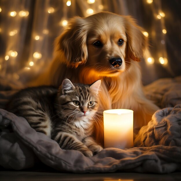 Foto um golden retriever e um gato sentados no topo de uma rocha ao pôr do sol no estilo fotorrealista