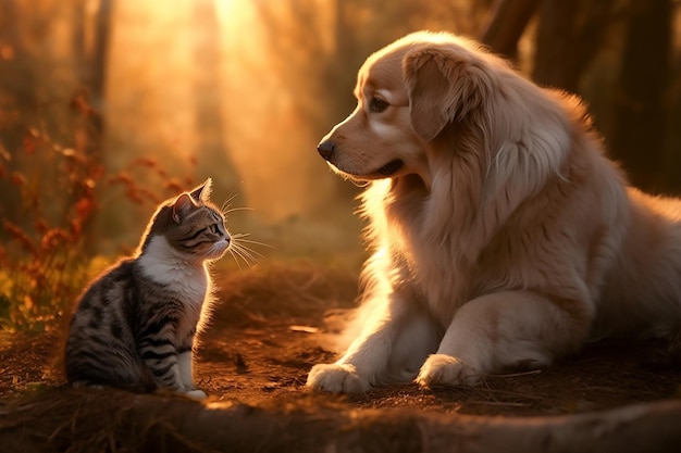 Um Golden Retriever e um gato