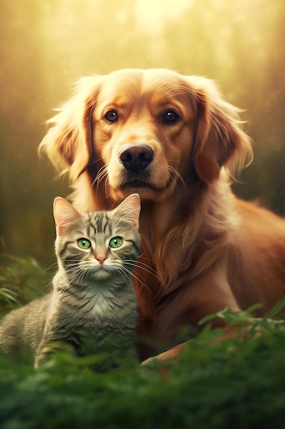 Um Golden Retriever e um gato