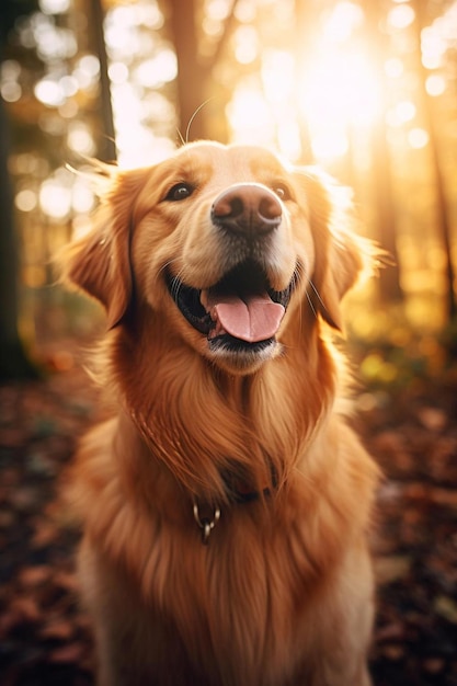 um golden retriever está sentado na floresta