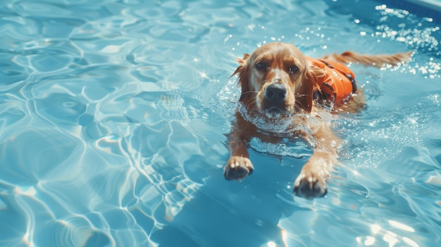 Foto um golden retriever nadando em água azul com um colete salva-vidas