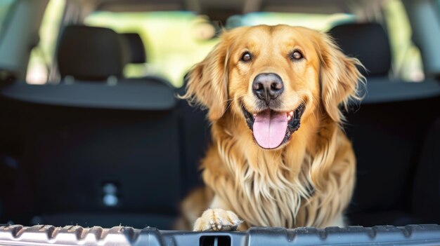 Um golden retriever no porta-malas de um carro Viajando com um animal de estimação um cachorro fofo no porta-malas de um carro