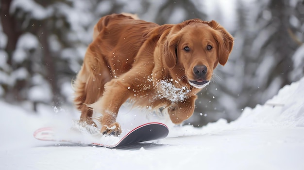 Foto um golden retriever se divertindo fazendo snowboard em uma montanha coberta de neve