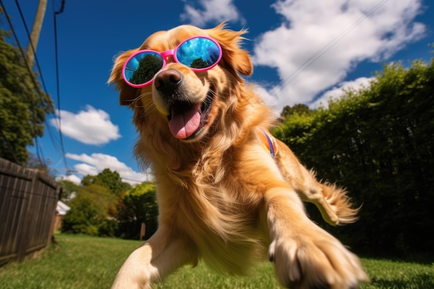 Foto um golden retriever usando óculos de sol esportivos com um frisbee nas proximidades