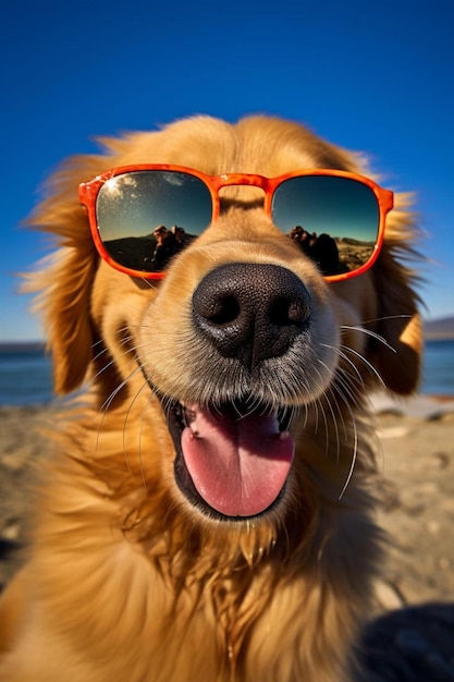 um golden retriever usando óculos escuros na praia