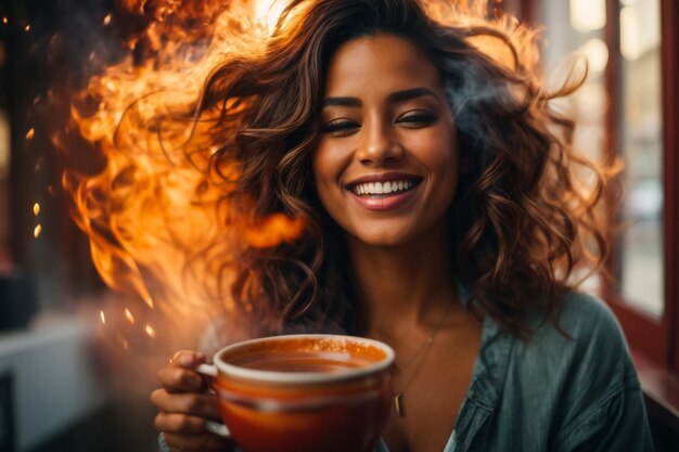 Foto um gole de alegria uma mulher radiante abraçando o calor num copo de vidro