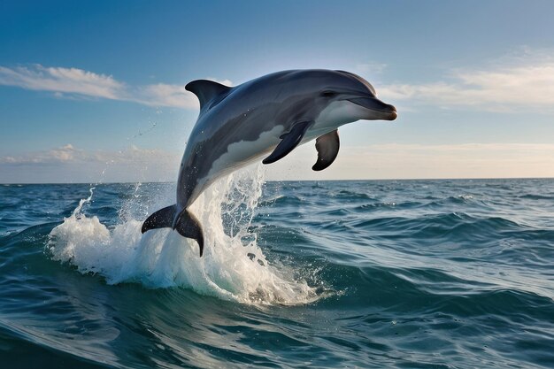 Um golfinho brincalhão a saltar das ondas do mar