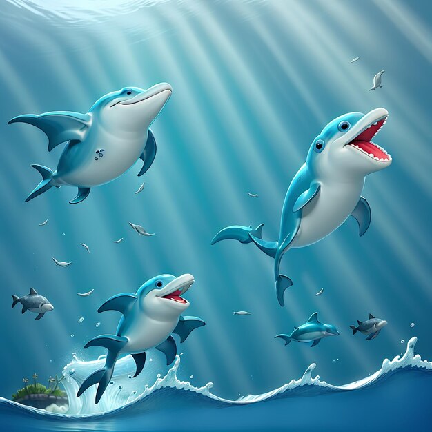 Um golfinho brincalhão a saltar na água azul, a salpicar de movimento.