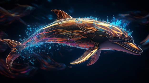 Um golfinho cibernético a mergulhar em ondas de néon. Desenho elegante.