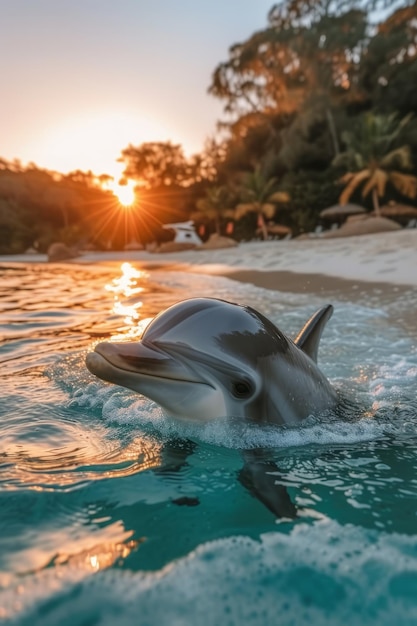Um golfinho-de-garrafa sobe à superfície em busca de ar ao pôr-do-sol no Oceano Índico