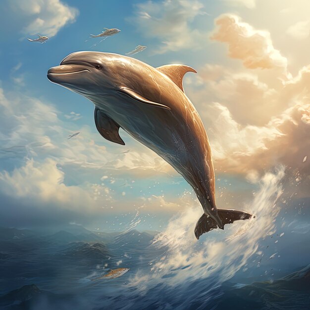Um golfinho está na água e o golfinho é na água.