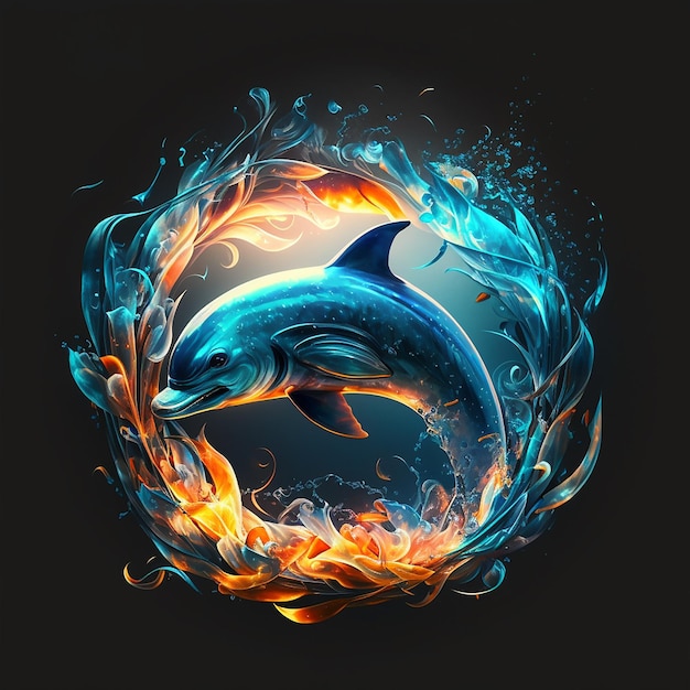 Um golfinho está nadando em um anel de fogo com fundo azul.