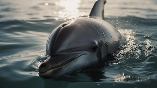 Um golfinho nada na água com o sol refletido na água.