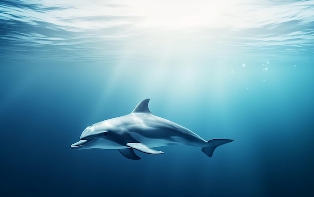 Um golfinho nada sob a água à luz do sol.
