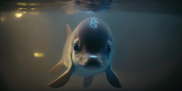 Foto um golfinho nadando debaixo d'água no escuro