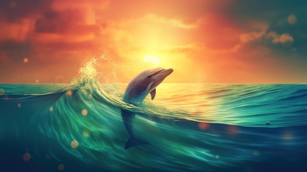 Um golfinho no oceano ao pôr do sol