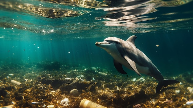 Um golfinho preso num saco de plástico no oceano Proteção Ambiental