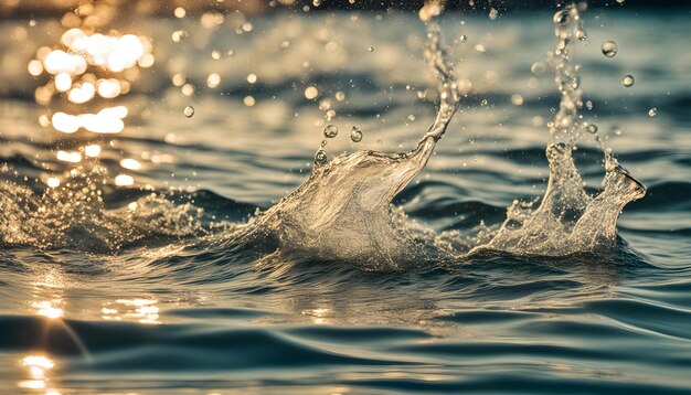 Foto um golfinho salpica na água com o sol a brilhar na água