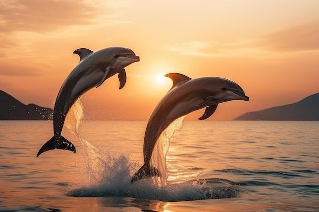 Um golfinho salta no mar azul num lugar pitoresco.