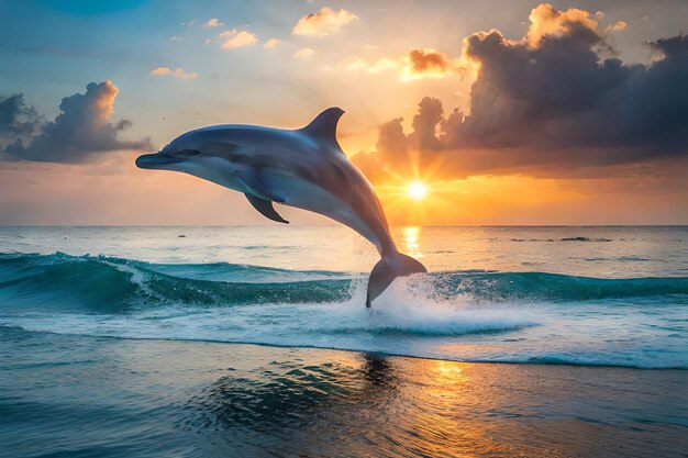 Foto um golfinho saltando da água ao pôr-do-sol