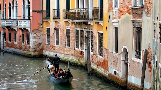 Um gondoleiro dirige uma gôndola por um estreito canal em Veneza