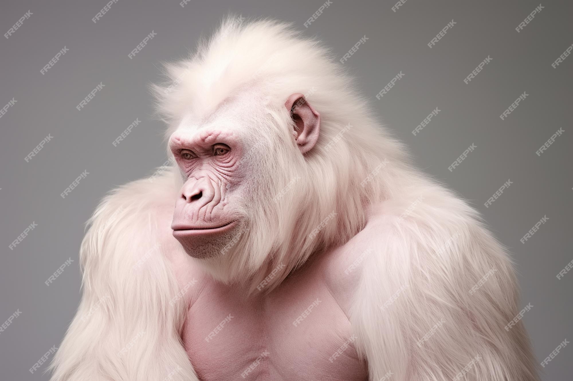 Um gorila albino com pele rosa e pêlo branco retrato de um macaco primata  animal raro no fundo