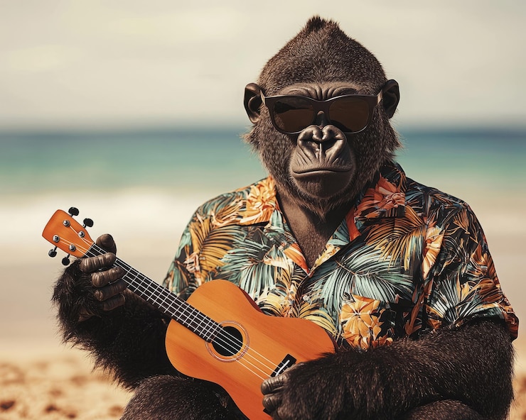 Foto um gorila brincalhão usando óculos de sol e uma camisa floral tocando um ukulele em uma praia irradiando diversão e relaxamento