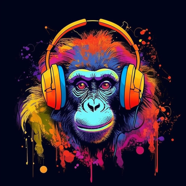 um gorila com fones de ouvido e a foto de um macaco