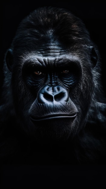 um gorila com um rosto preto e um fundo preto